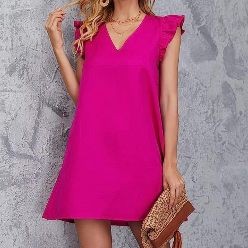 Floerns Women's Solid V Neck Ruffle Trim Cap Sleeve Summer Tunic Dress